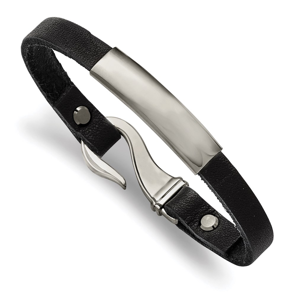 Stainless Steel Polished Black Leather 8.25in ID Bracelet