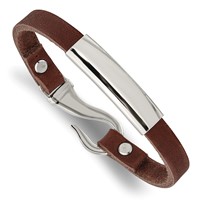 Chisel Stainless Steel Polished Brown Leather ID Bracelet, 8.5" view 1
