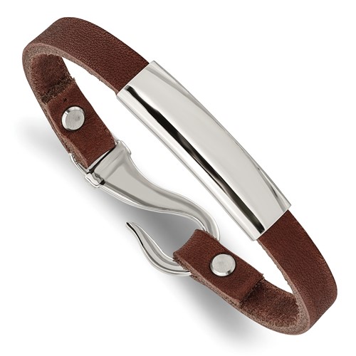 Chisel Stainless Steel Polished Brown Leather ID Bracelet, 8.5"