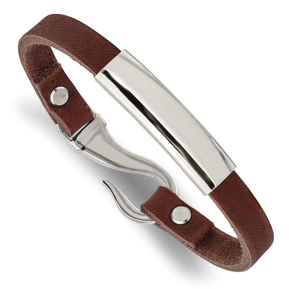Stainless Steel Polished Brown Leather 8.5in ID Bracelet