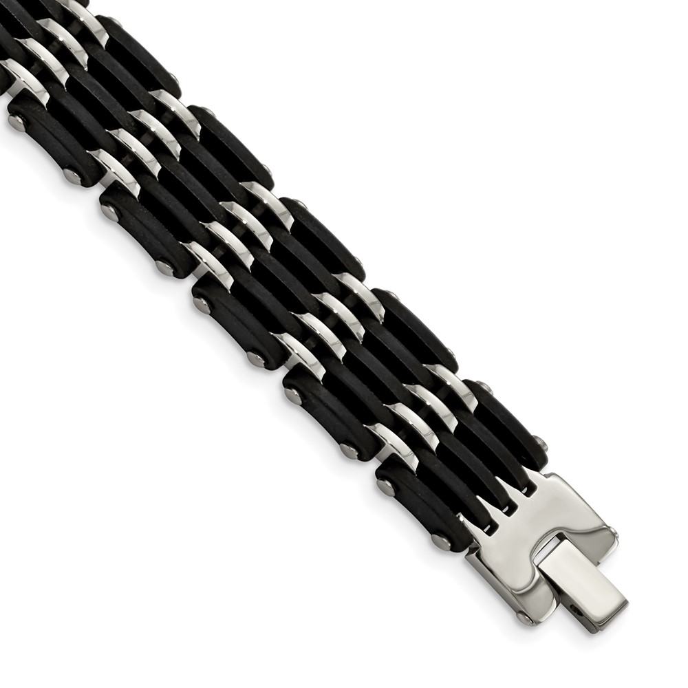 Stainless Steel Polished with Black Rubber 8.25in Bracelet