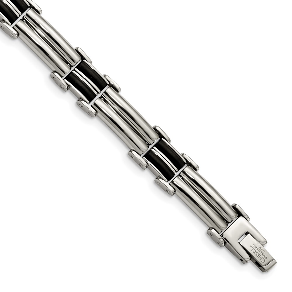 Stainless Steel Polished with Black Rubber Inlay 8in Bracelet