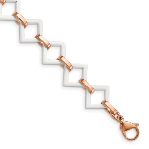 Chisel Stainless Steel Polished Rose IP-plated Bracelet with White Ceramic Open Link, 7"