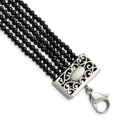 Stainless Steel Polished Mop Black Onyx Bracelet with Ext., 1.5"
