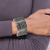 Stainless Steel Antiqued and Polished Bracelet with Red CZ Stretch view 5