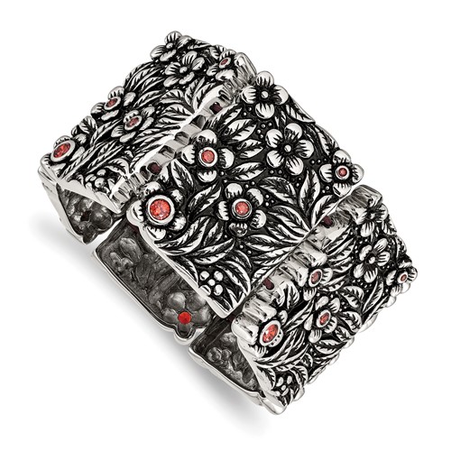 Stainless Steel Antiqued and Polished Bracelet with Red CZ Stretch