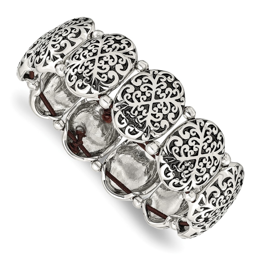 Stainless Steel Antiqued and Polished Oval Stretch Bracelet