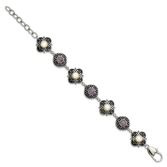 Stainless Steel Polished & Antiqued Mother of Pearl & Purple Glass w/ 1.5in ext Bracelet