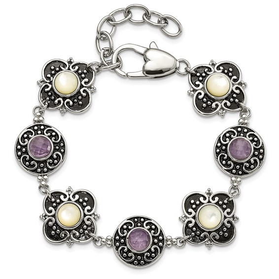 Stainless Steel Polished & Antiqued Mother of Pearl & Purple Glass w/ 1.5in ext Bracelet