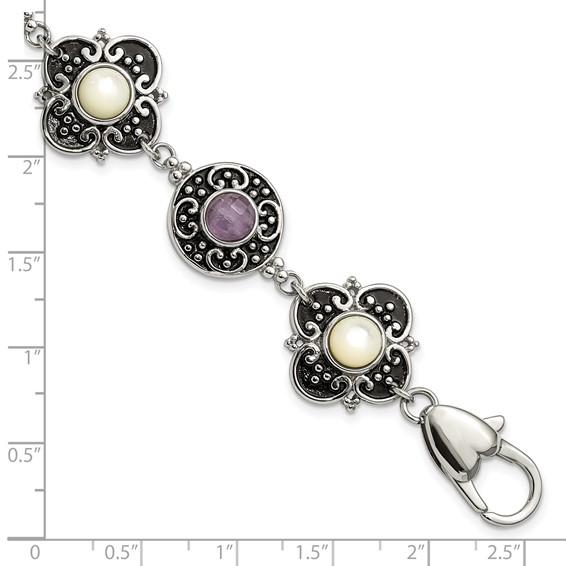 Stainless Steel Polished & Antiqued Mother of Pearl & Purple Glass w/ 1.5in ext Bracelet