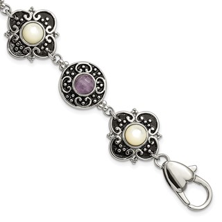Stainless Steel Polished & Antiqued Mother of Pearl & Purple Glass w/ 1.5in ext Bracelet