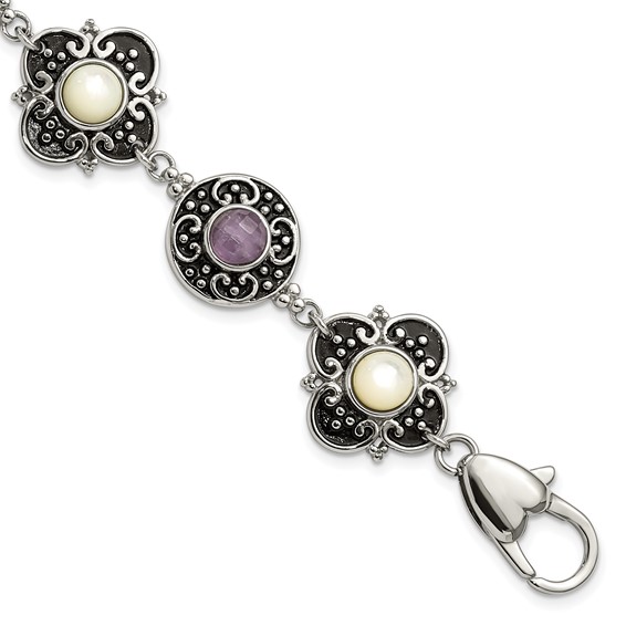 Stainless Steel Polished & Antiqued Mother of Pearl & Purple Glass w/ 1.5in ext Bracelet
