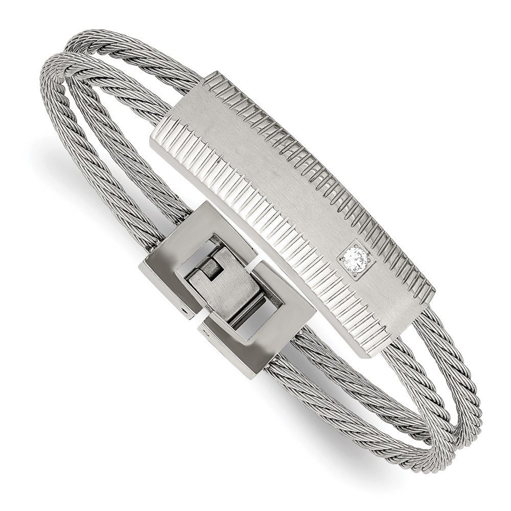 Stainless Steel Polished and Brushed CZ Wire 7in Bracelet