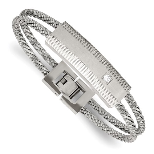 Stainless Steel Polished and Brushed CZ Wire Bracelet, 7"