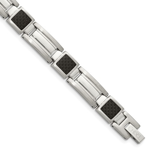 Chisel Stainless Steel Polished Bracelet with Black Carbon Fiber Inlay Link, 8.75"
