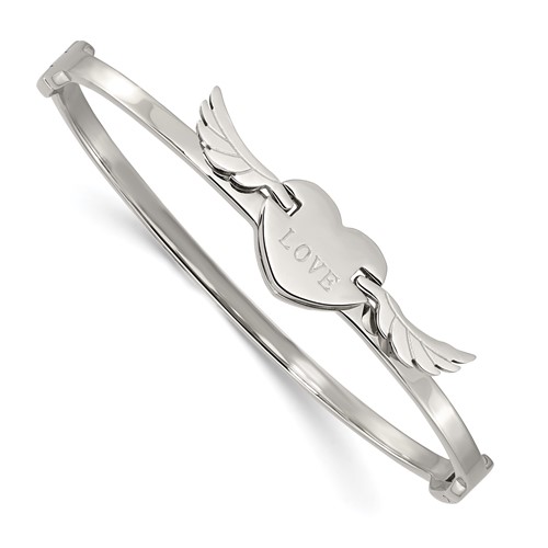 Stainless Steel Polished Moveable Love Heart Bangle with Wings