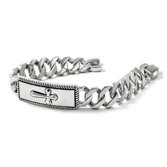 Chisel Stainless Steel Antiqued Polished and Textured 8.5 inch Cross ID Bracelet