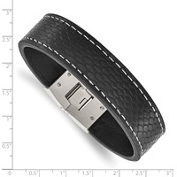 Stainless Steel Polished Black Leather Bracelet, 8" view 4