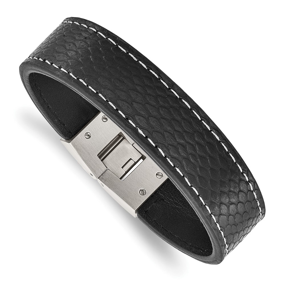 Stainless Steel Polished Black Leather 8in Bracelet