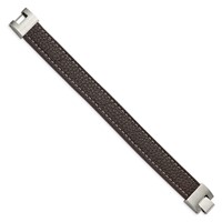Stainless Steel Polished Brown Leather Bracelet, 8" view 3