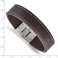 Stainless Steel Polished Brown Leather Bracelet, 8" view 4