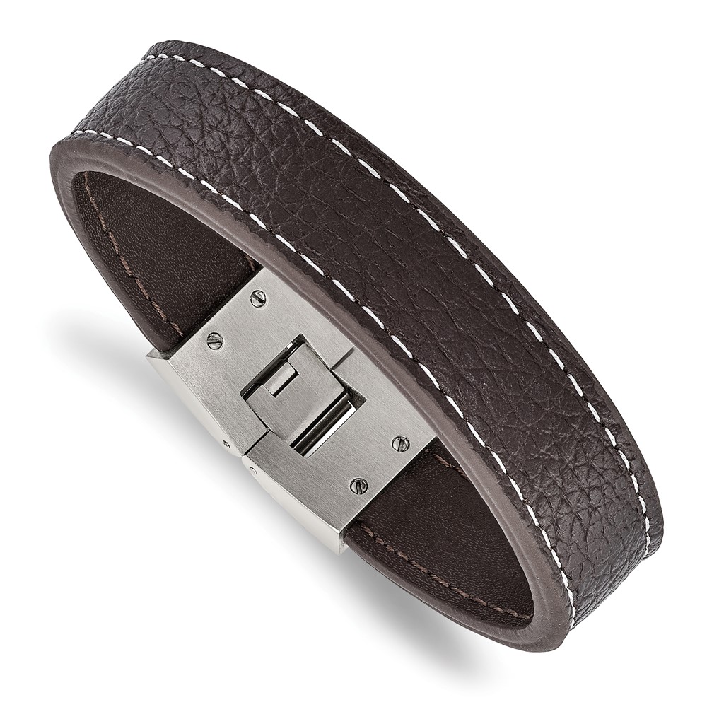 Stainless Steel Polished Brown Leather 8in Bracelet