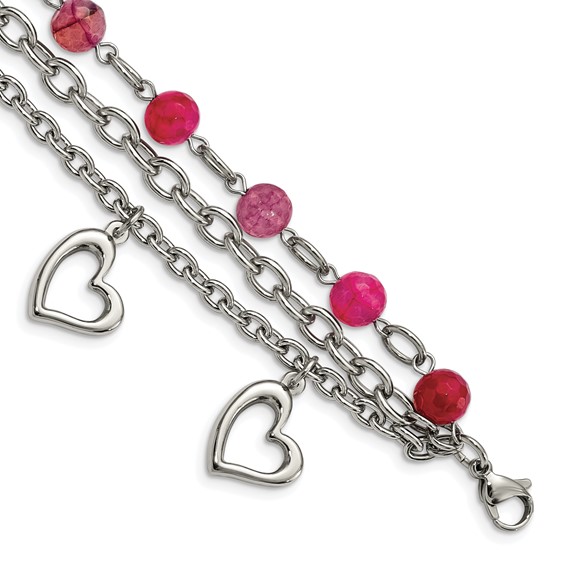 Stainless Steel Polished w/Pink Agate and Hearts 7.75in Bracelet