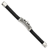 Stainless Steel Antiqued and Polished Fleur De Lis Black Leather Bracelet view 3