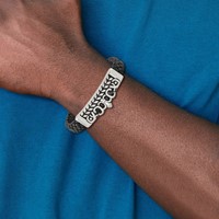 Stainless Steel Antiqued and Polished Fleur De Lis Black Leather Bracelet view 5