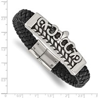 Stainless Steel Antiqued and Polished Fleur De Lis Black Leather Bracelet view 4