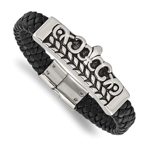 Stainless Steel Antiqued and Polished Fleur De Lis Black Leather Bracelet