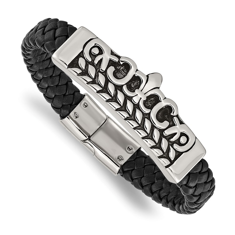 Stainless Steel Antiqued and Polished Fleur de Lis Black Leather Bracelet