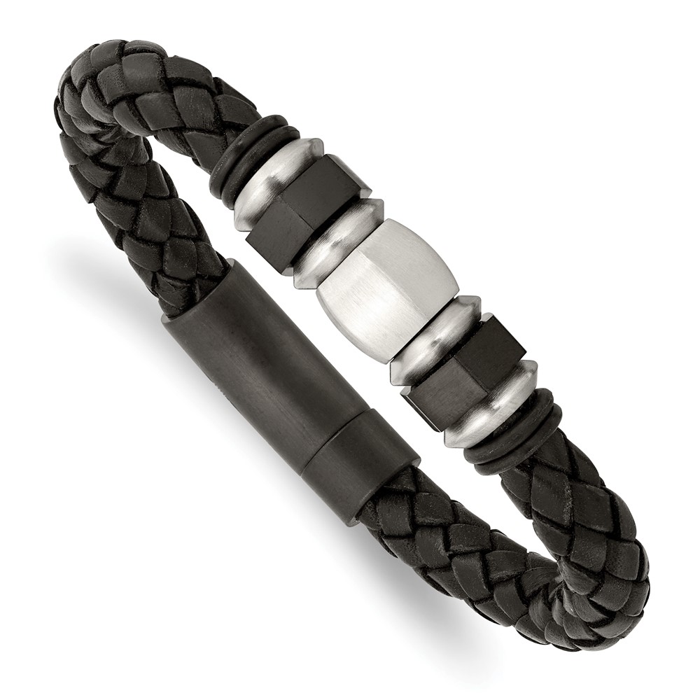 Stainless Steel Brushed Black IP-plated Leather & Rubber Bracelet
