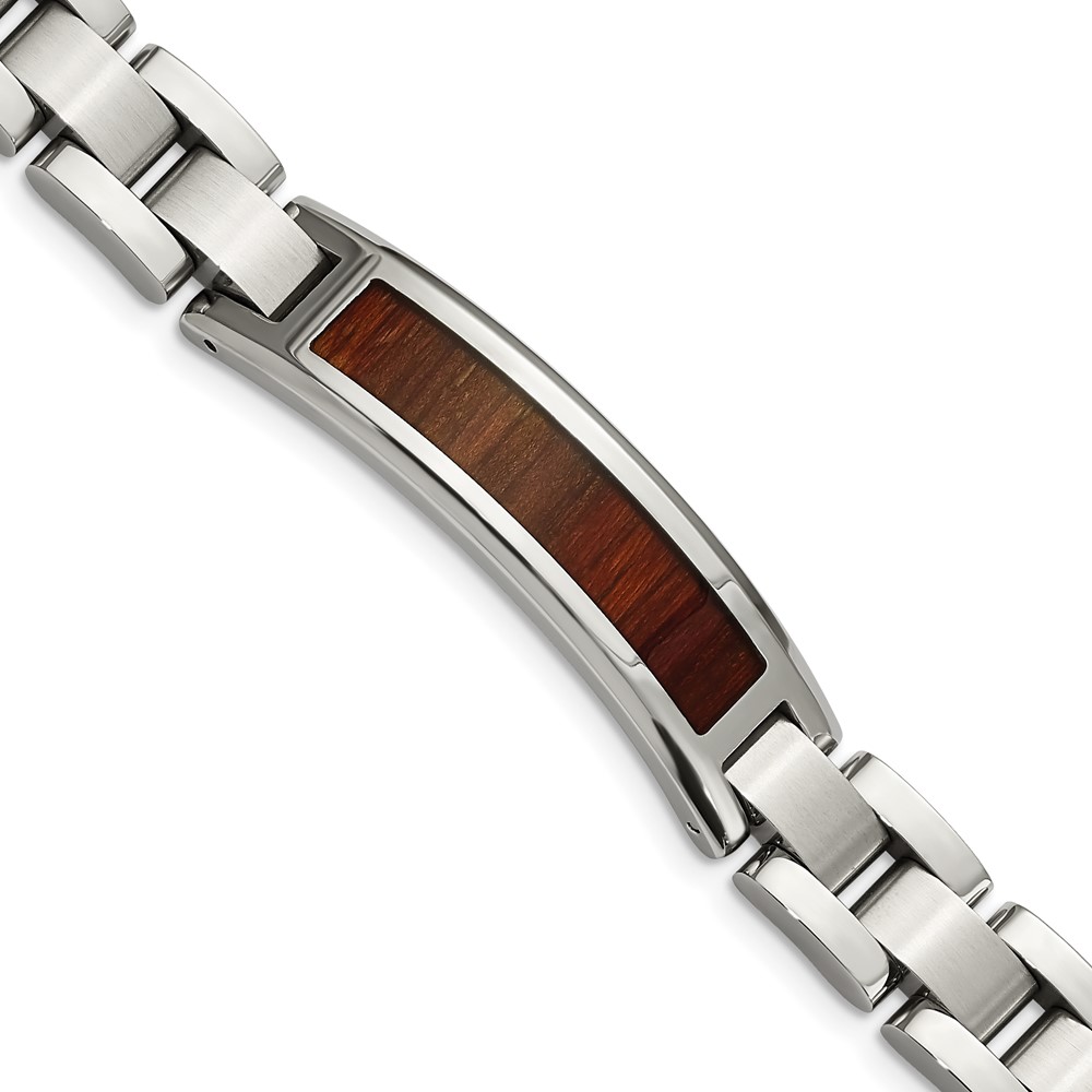 Stainless Steel Polished/Brushed Red/Orange Wood Inlay Enameled Bracelet