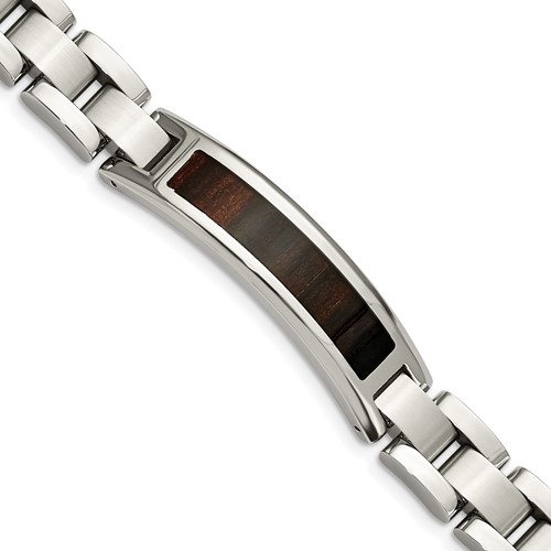 Chisel Stainless Steel Polished Enameled Black Koa Wood Link ID Bracelet, 8.5"