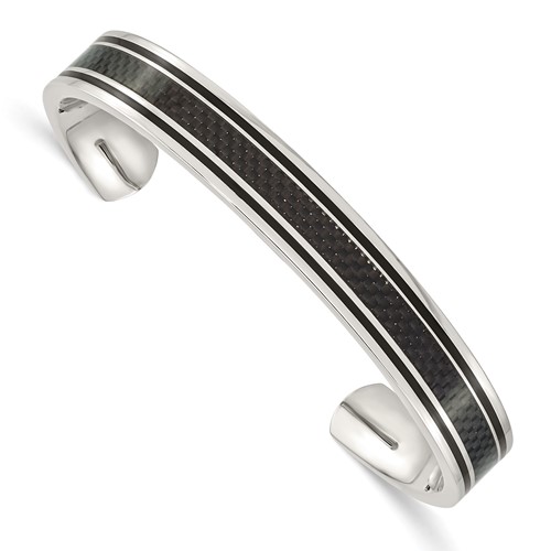 Chisel Stainless Steel Polished Black IP-plated Bangle with Black Carbon Fiber Inlay Cuff
