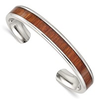 Chisel Stainless Steel Polished with Red Orange Koa Wood Inlay Cuff Bangle view 1
