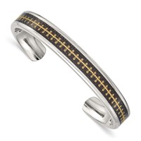 Stainless Steel Polished Yellow IP Bangle with Carbon Fiber Inlay Cross view 1