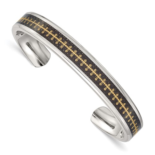 Stainless Steel Polished Yellow IP Bangle with Carbon Fiber Inlay Cross