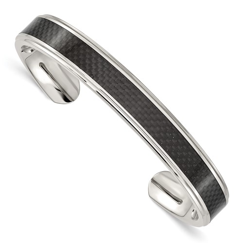 Chisel Stainless Steel Polished Bangle with Black Carbon Fiber Inlay Cuff