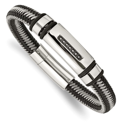 Chisel Stainless Steel Polished Black IP-plated Bracelet with 0.10 Carat Black Diamond, 8.5"