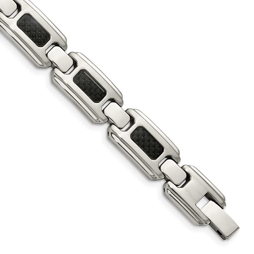 Chisel Stainless Steel Brushed and Polished Bracelet with Black Carbon Fiber Inlay Link, 9"