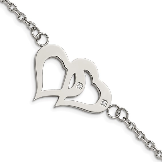 Stainless Steel Polished w/CZ Hearts 6.5in w/1.25in ext. Bracelet