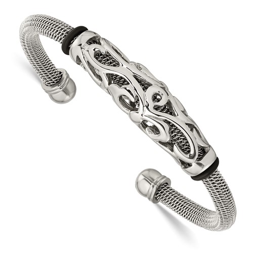 Stainless Steel Polished Mesh Bangle with Black Rubber