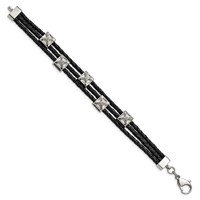 Stainless Steel Polished Black Leather Bracelet, 8.5" view 3