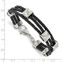 Stainless Steel Polished Black Leather Bracelet, 8.5" view 4