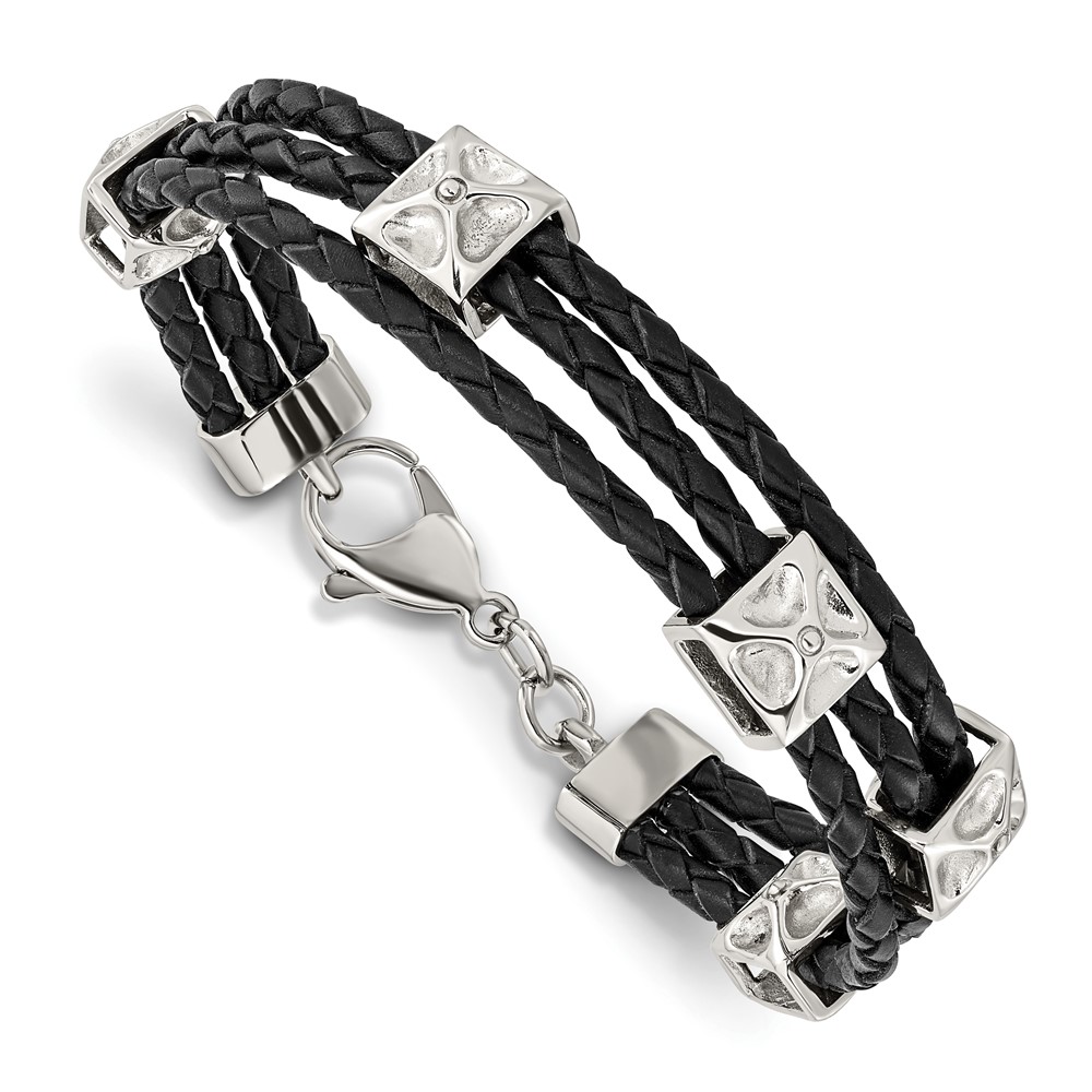 Stainless Steel Polished Black Leather 8.5in Bracelet