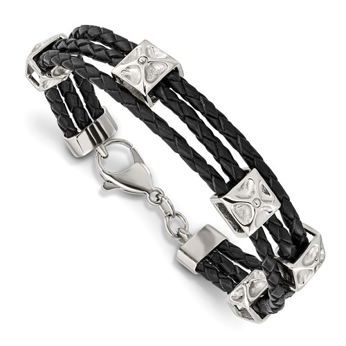 Stainless Steel Polished Black Leather Bracelet, 8.5"
