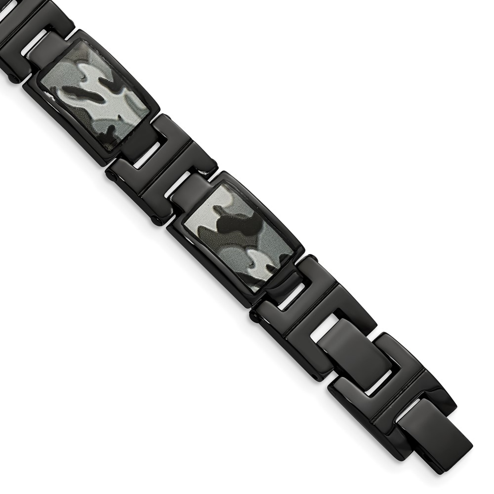 Stainless Steel Polished Black IP-plated Camo 8.5in Bracelet