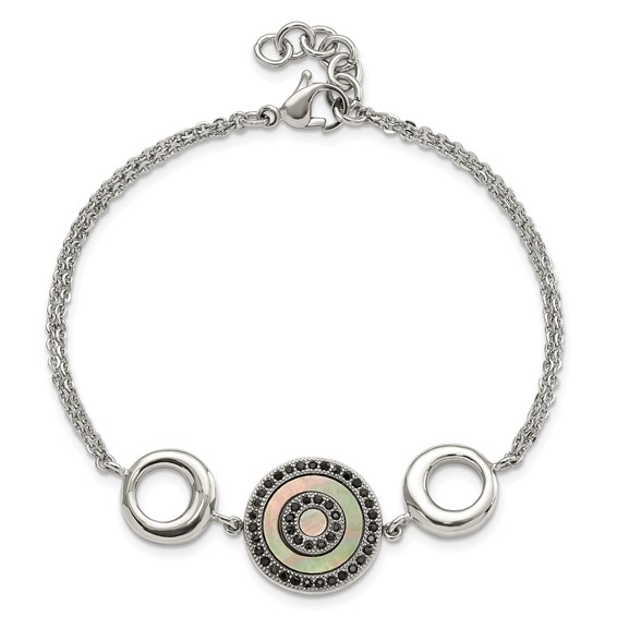 Stainless Steel Polished Black MOP & Crystal w/.5in ext Bracelet